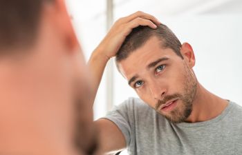 Young concerned man examining his thinning hair looking in the bathroom mirror.