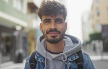 Handsome hispanic man with beard smiling on urban street