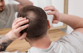 Baldness concept. Man with bald spot looking at mirror indoors, back view